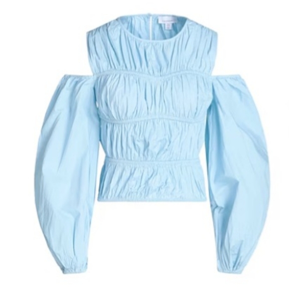 Topshop Shirred Poplin Off The Shoulder Blouse in Blue Size 6 - Picture 4 of 10